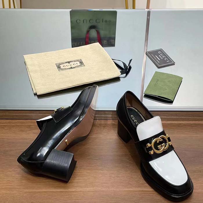 Gucci Women GG Loafer Interlocking G Black White Leather Mid 6 Cm Heel (1)