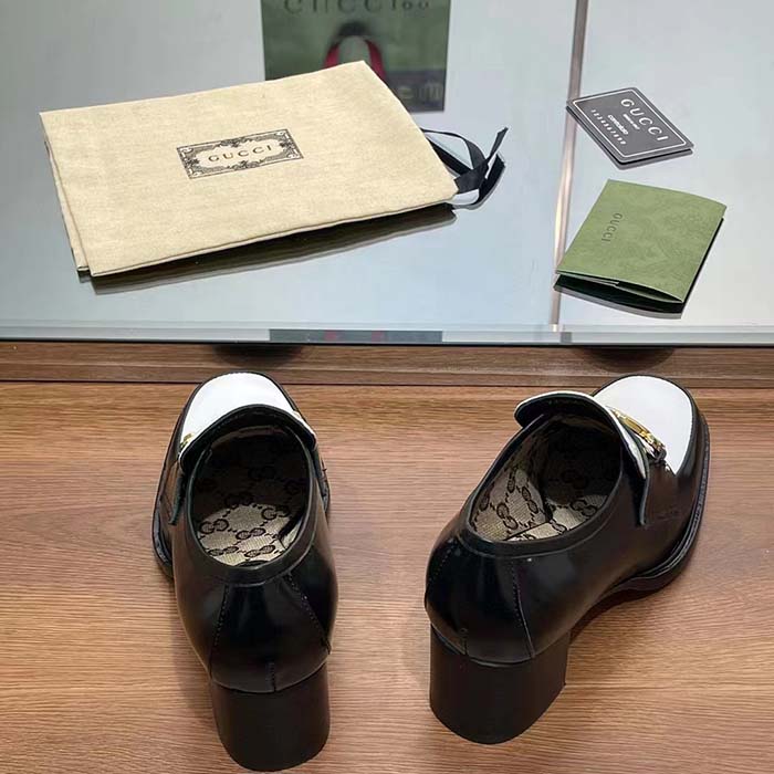 Gucci Women GG Loafer Interlocking G Black White Leather Mid 6 Cm Heel (11)