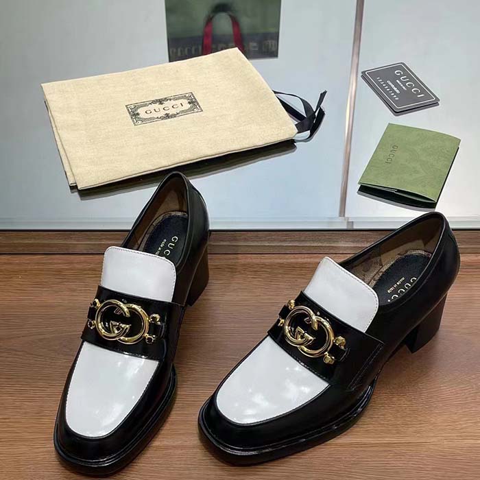 Gucci Women GG Loafer Interlocking G Black White Leather Mid 6 Cm Heel (3)