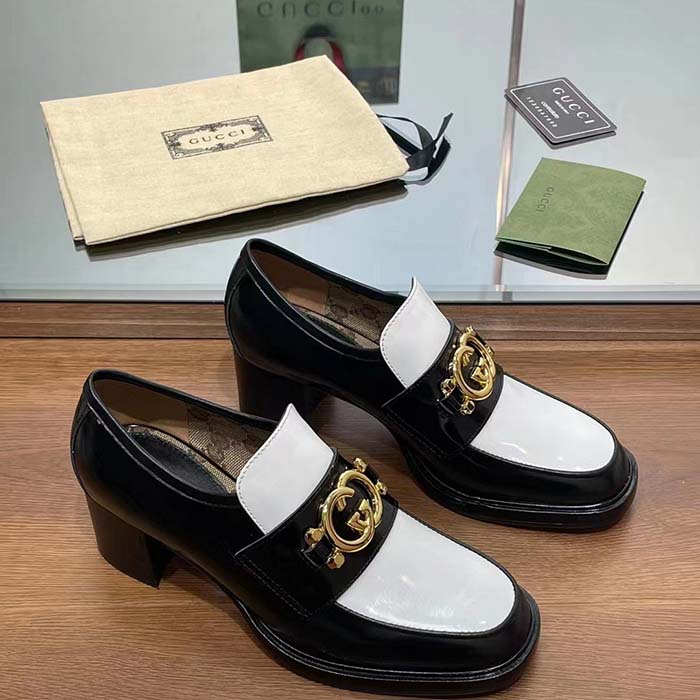 Gucci Women GG Loafer Interlocking G Black White Leather Mid 6 Cm Heel (4)
