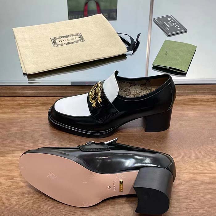 Gucci Women GG Loafer Interlocking G Black White Leather Mid 6 Cm Heel (6)