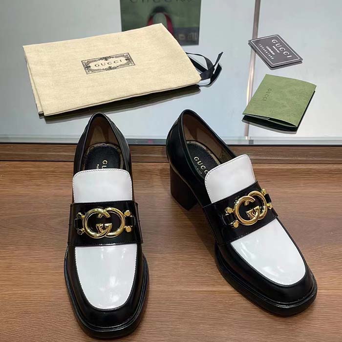 Gucci Women GG Loafer Interlocking G Black White Leather Mid 6 Cm Heel (7)