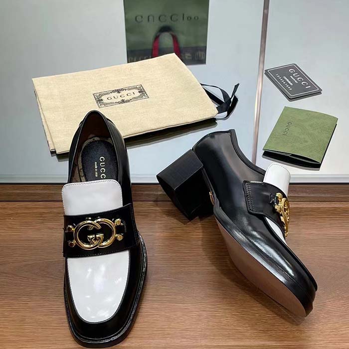 Gucci Women GG Loafer Interlocking G Black White Leather Mid 6 Cm Heel (9)