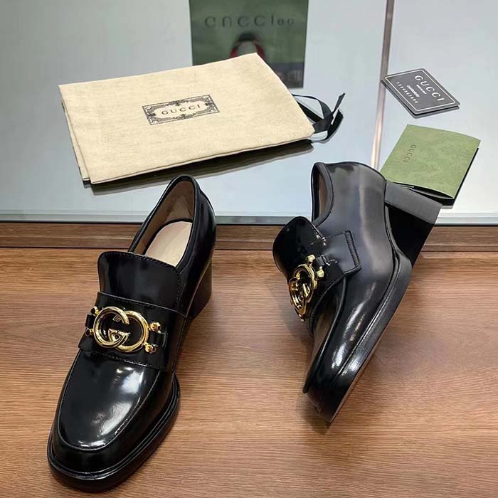 Gucci Women GG Loafer Interlocking G Shiny Black Leather Mid 6 Cm Heel (11)