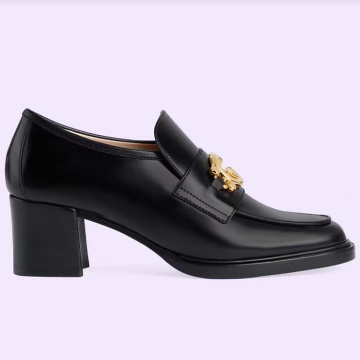 Gucci Women GG Loafer Interlocking G Shiny Black Leather Mid 6 Cm Heel