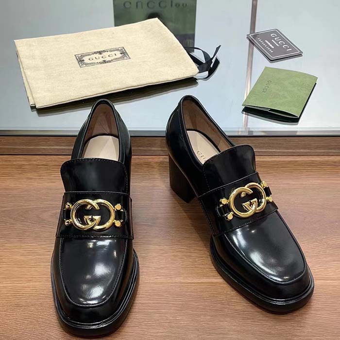 Gucci Women GG Loafer Interlocking G Shiny Black Leather Mid 6 Cm Heel (4)