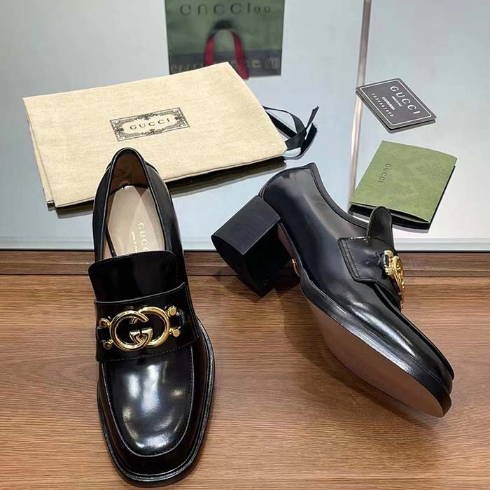 Gucci Women GG Loafer Interlocking G Shiny Black Leather Mid 6 Cm Heel (8)