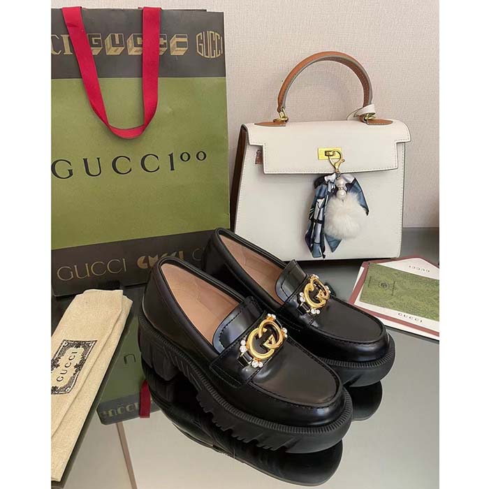 Gucci Women GG Lug Sole Interlocking G Loafer Black Patent Leather Low Heel Rubber (1)