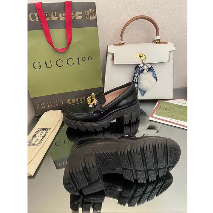 Gucci Women GG Lug Sole Interlocking G Loafer Black Patent Leather Low Heel Rubber (12)