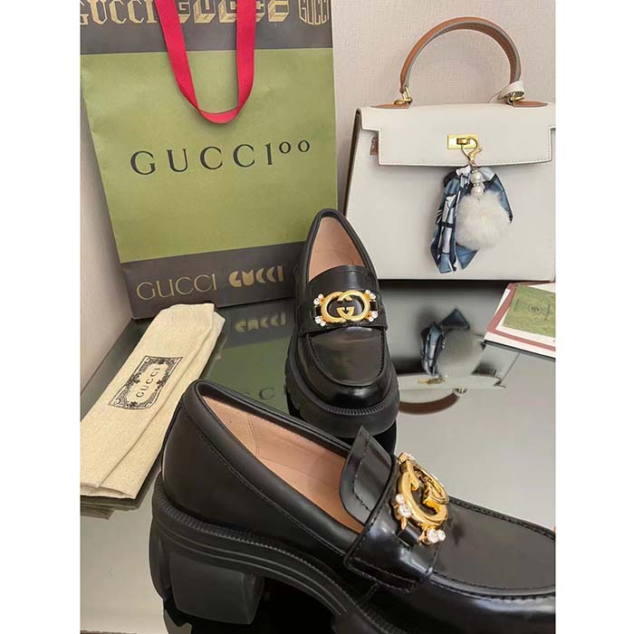 Gucci Women GG Lug Sole Interlocking G Loafer Black Patent Leather Low Heel Rubber (3)