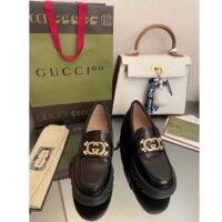 Gucci Women GG Lug Sole Interlocking G Loafer Black Patent Leather Low Heel Rubber (10)