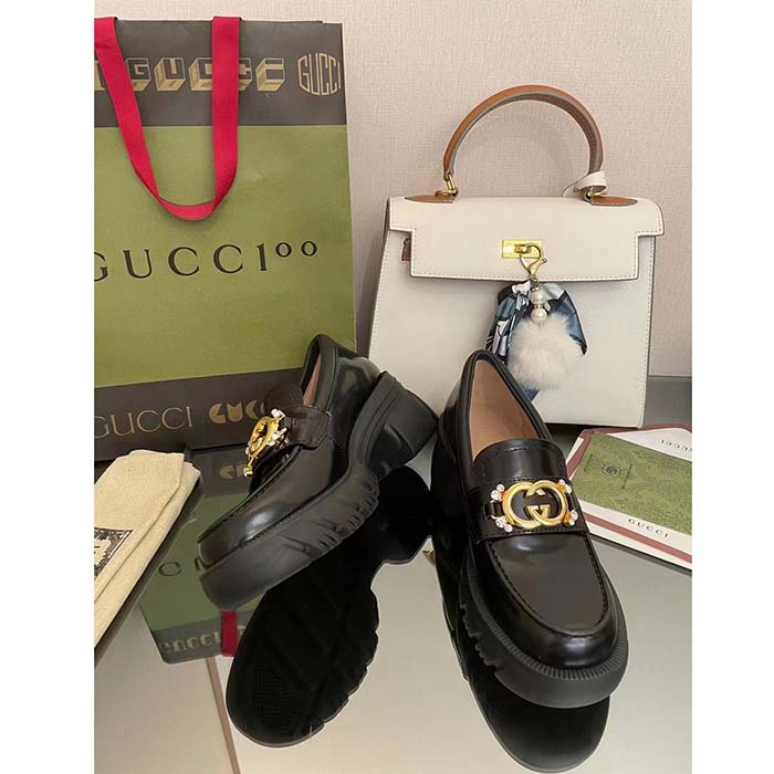 Gucci Women GG Lug Sole Interlocking G Loafer Black Patent Leather Low Heel Rubber (5)