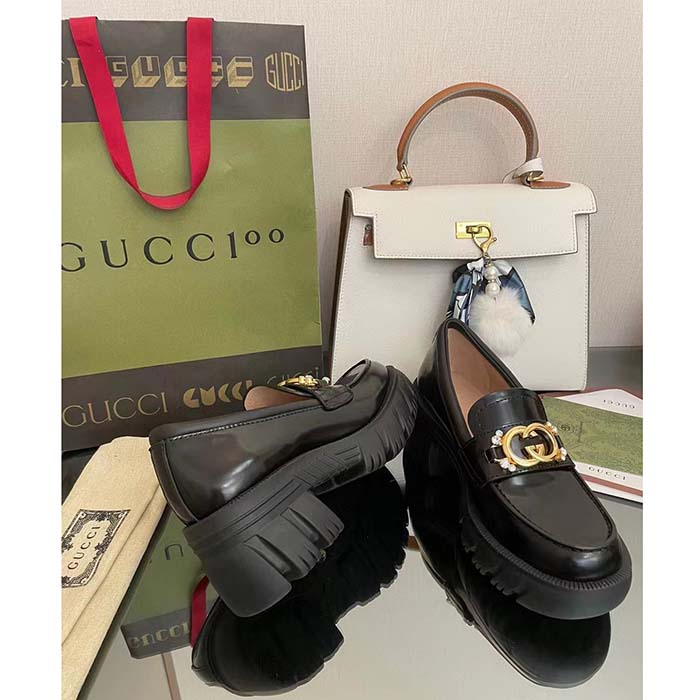 Gucci Women GG Lug Sole Interlocking G Loafer Black Patent Leather Low Heel Rubber (8)