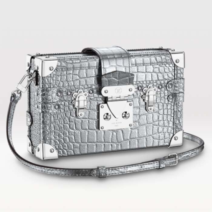 Louis Vuitton LV Women Petite Malle Handbag Metallise Froisse Silver Brilliant Alligator Leather