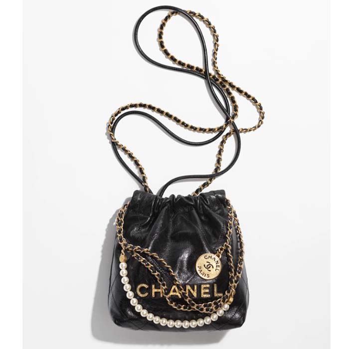 Chanel Women CC 22 Mini Handbag Shiny Crumpled Calfskin Gold-Tone Metal Black