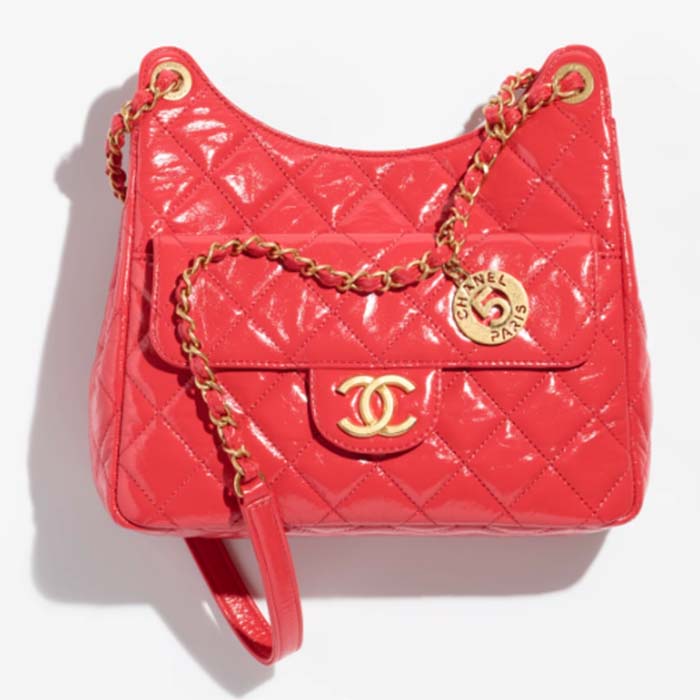 Chanel Women CC Hobo Handbag Shiny Crumpled Calfskin Gold-Tone Metal Red