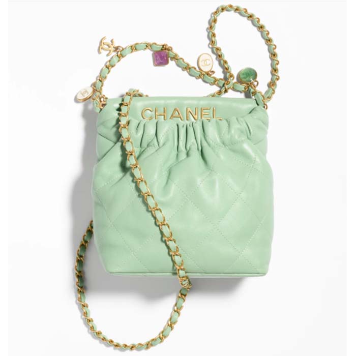 Chanel Women CC Small Bucket Bag Lambskin Resin Gold-Tone Metal Light Green