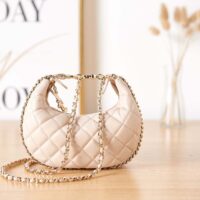 Chanel Women CC Small Hobo Bag Lambskin Shiny Light Gold Metal Ecru (1)