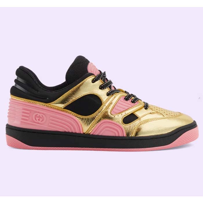 Gucci Unisex Basket Sneaker Gold Metallic Leather Pink Rubber Low 3.3 Cm Heel