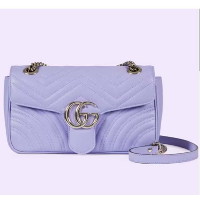 Gucci Women GG Marmont Small Shoulder Bag Lilac Matelassé Chevron Heart Double G