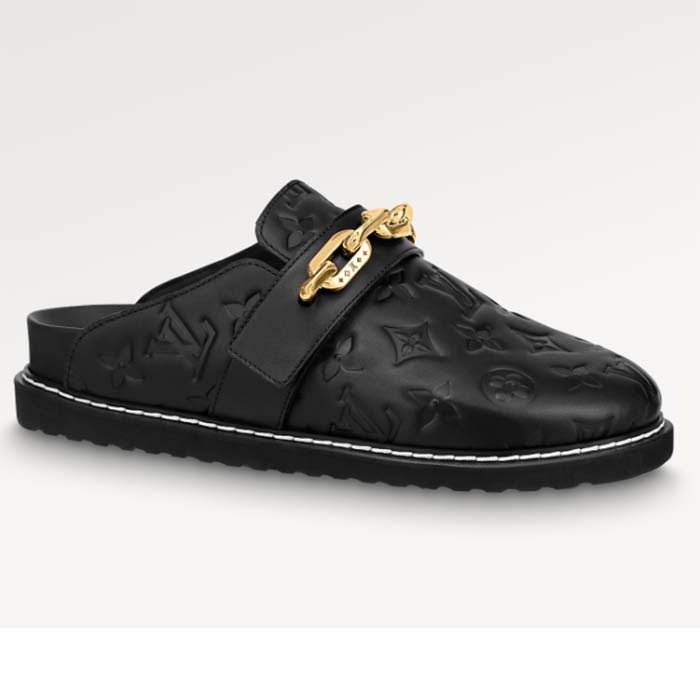 Louis Vuitton LV Unisex Cosy Flat Comfort Clog Black Monogram-Embossed Calf Leather
