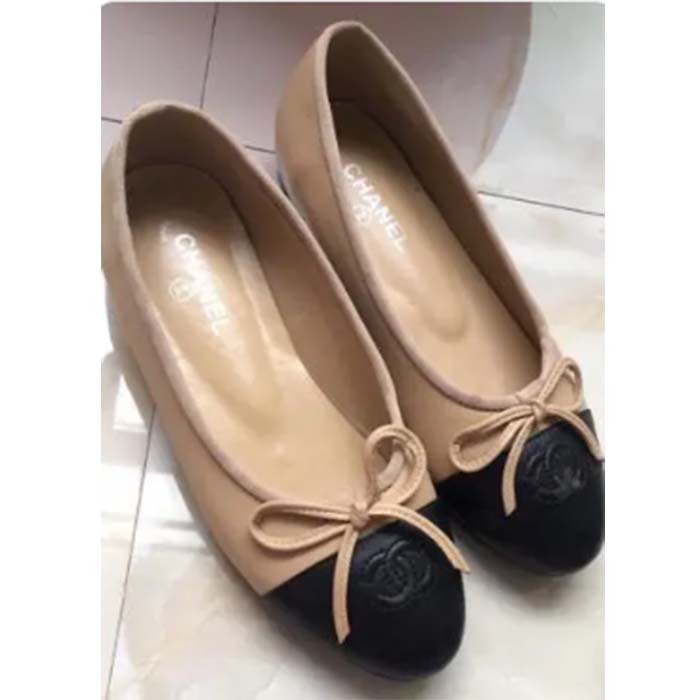 Chanel Women Ballerina Calfskin Leather Sandy Black Ballet Shoes (5)