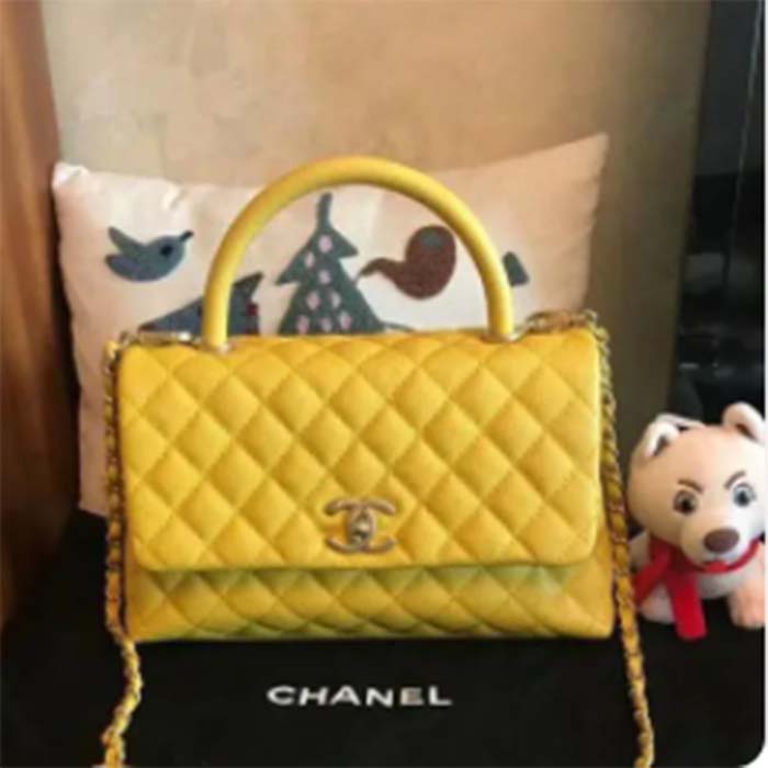 Chanel Women CC Quilted Handbag Yellow Calfskin Leather Gold-Tone Metal (10)