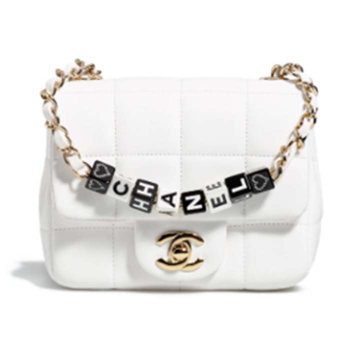 Chanel Women CC Small Flap Bag Grained Calfskin Gold Tone Metal White