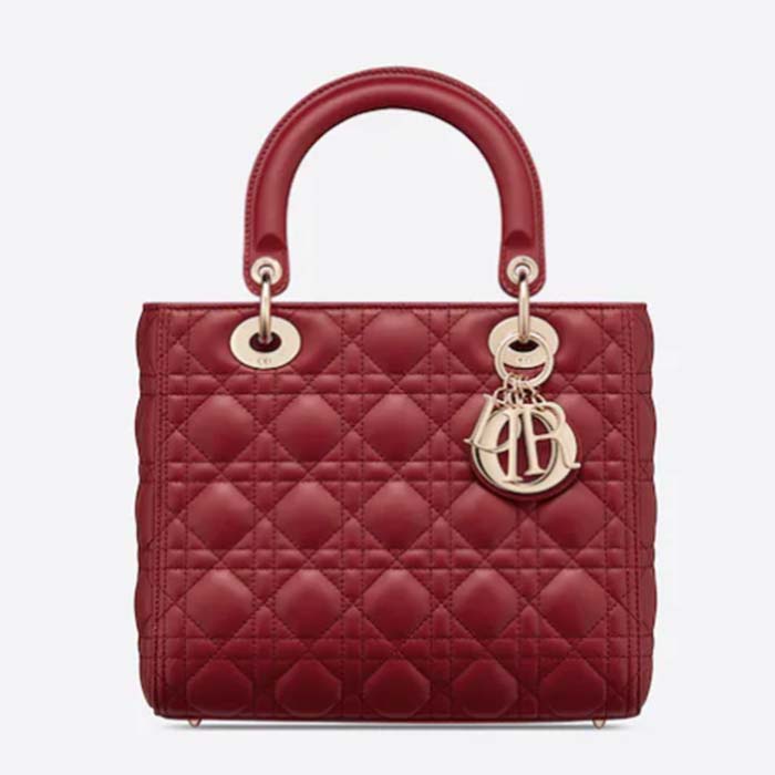 Dior Women CD Medium Lady Dior Bag Cherry Red Cannage Lambskin