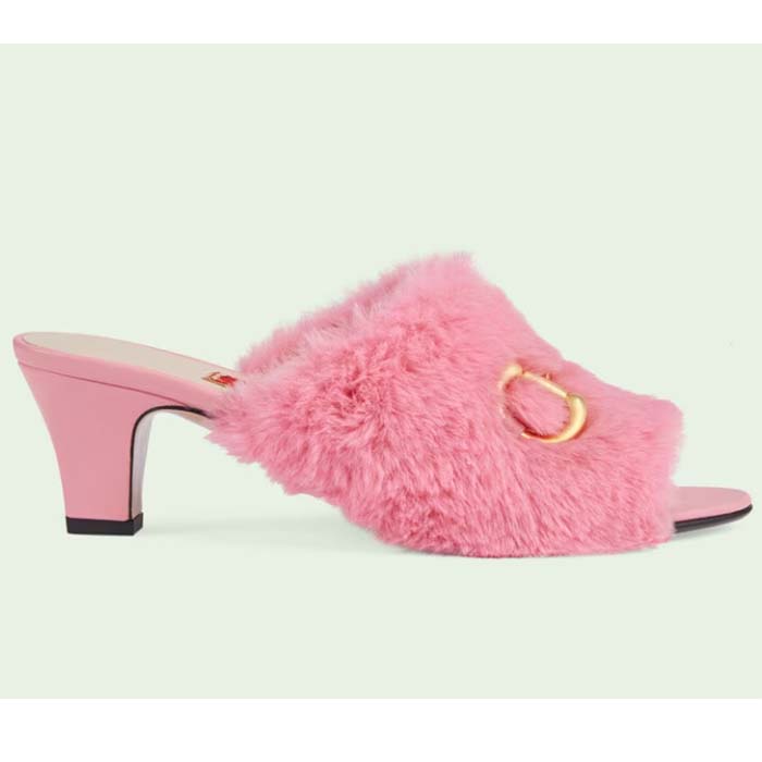 Gucci GG Women's Mid-Heel Slide Sandal Pink Fabric Horsebit 5.6 Cm Heel