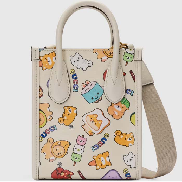 Gucci Unisex Animal Print Mini Tote Bag Beige Ebony GG Supreme Canvas