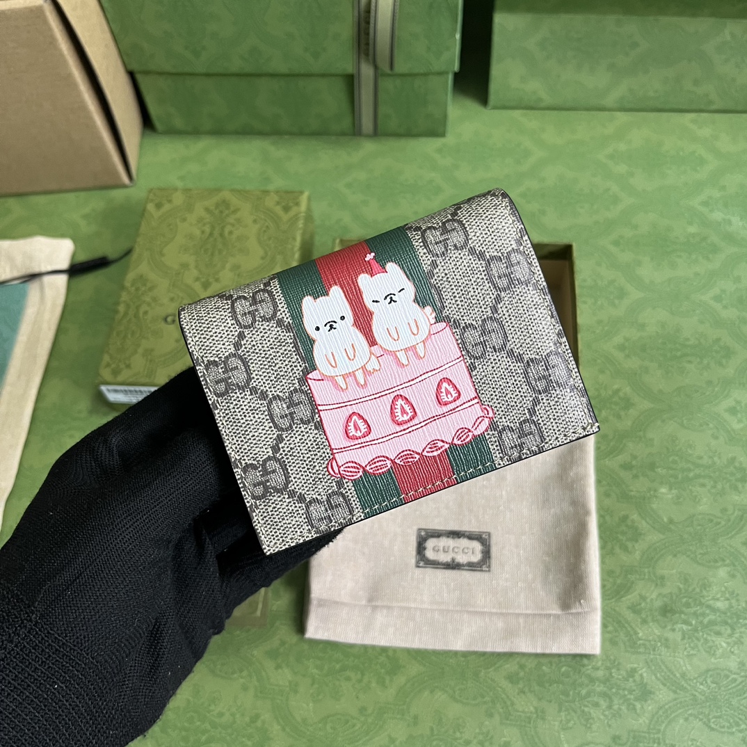 Gucci Unisex Animals Print Card Case Wallet Beige Ebony GG Supreme Canvas (10)