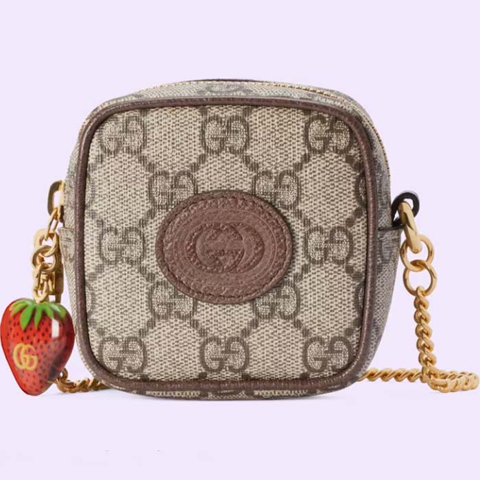 Gucci Unisex Coin Purse Double G Strawberry Beige Ebony GG Supreme Canvas