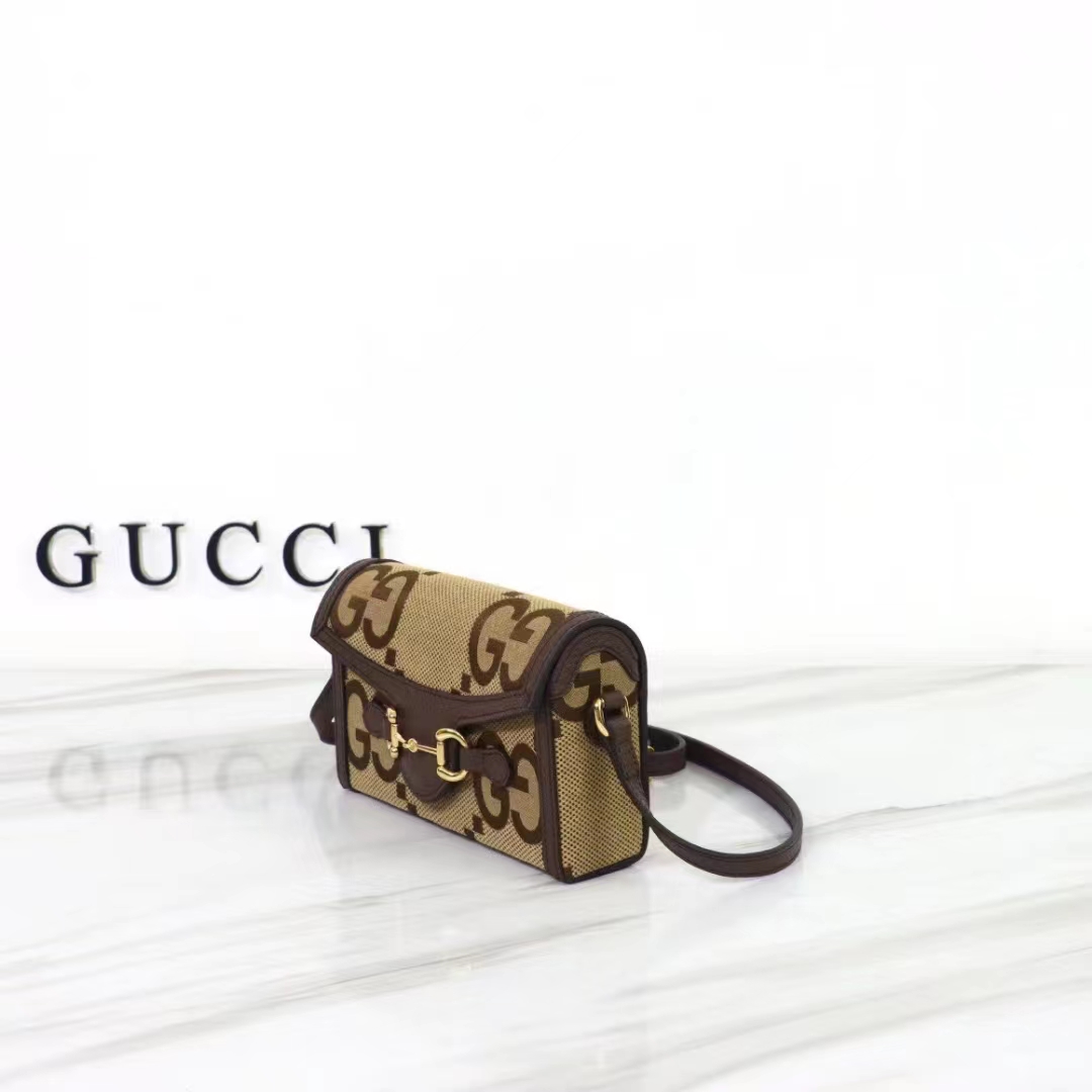 Gucci Unisex GG Horsebit 1955 Jumbo GG Mini Bag Camel Ebony Canvas (13)