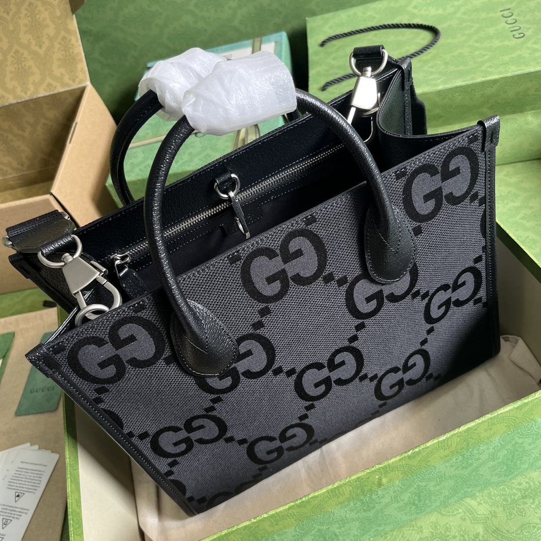 Gucci Unisex Jumbo GG Tote Bag Black Jumbo GG Canvas Hook Closure (7)