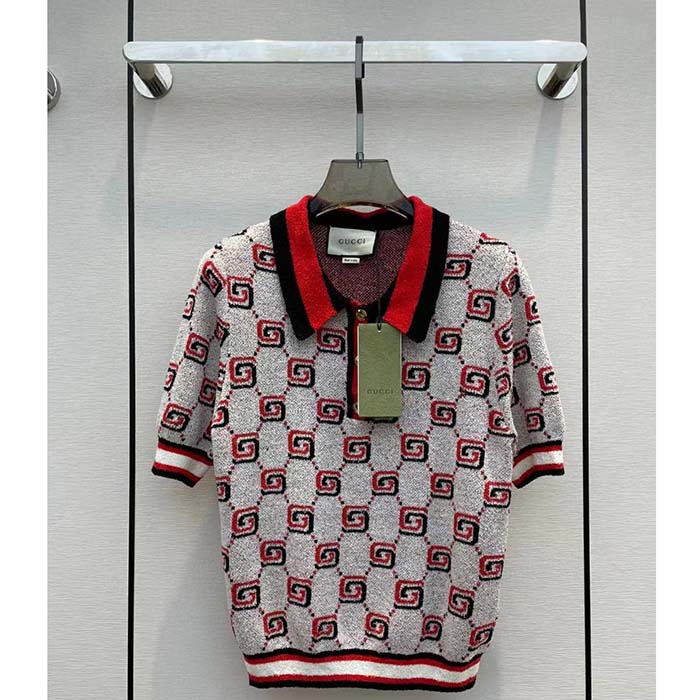 Gucci Women GG Cotton Jacquard Polo Shirt Ivory Red Polo Collar Short Sleeves (11)