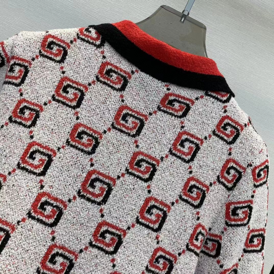 Gucci Women GG Cotton Jacquard Polo Shirt Ivory Red Polo Collar Short Sleeves (12)