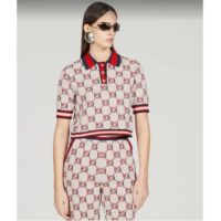 Gucci Women GG Cotton Jacquard Polo Shirt Ivory Red Polo Collar Short Sleeves (8)