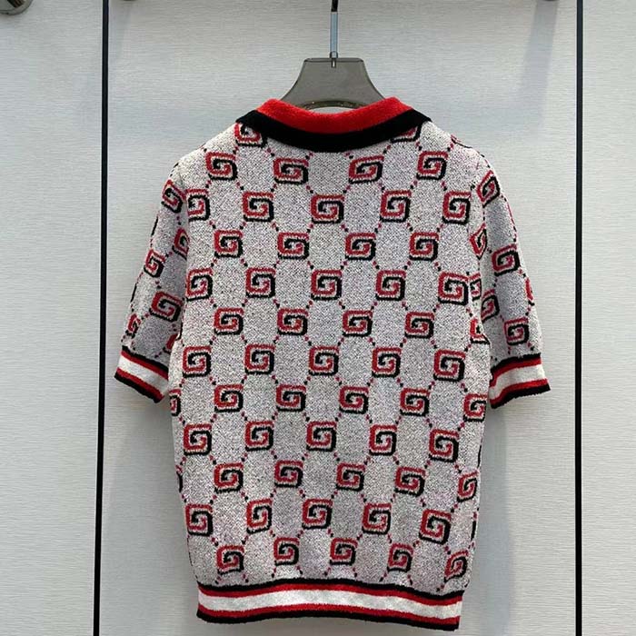 Gucci Women GG Cotton Jacquard Polo Shirt Ivory Red Polo Collar Short Sleeves (5)