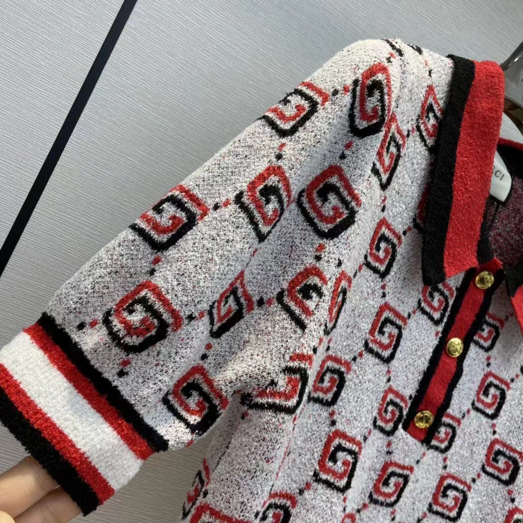 Gucci Women GG Cotton Jacquard Polo Shirt Ivory Red Polo Collar Short Sleeves (7)