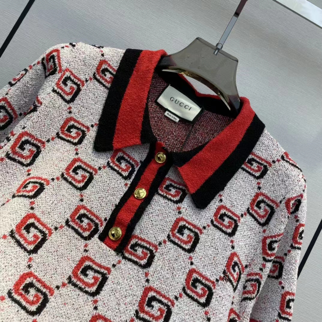 Gucci Women GG Cotton Jacquard Polo Shirt Ivory Red Polo Collar Short Sleeves (9)