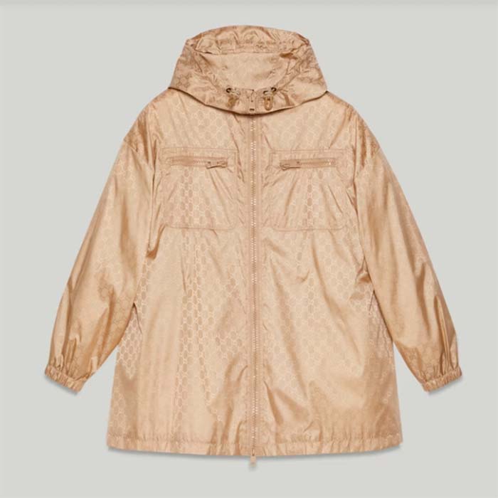 Gucci Women GG Hooded Jacket Light Camel GG Nylon Jacquard