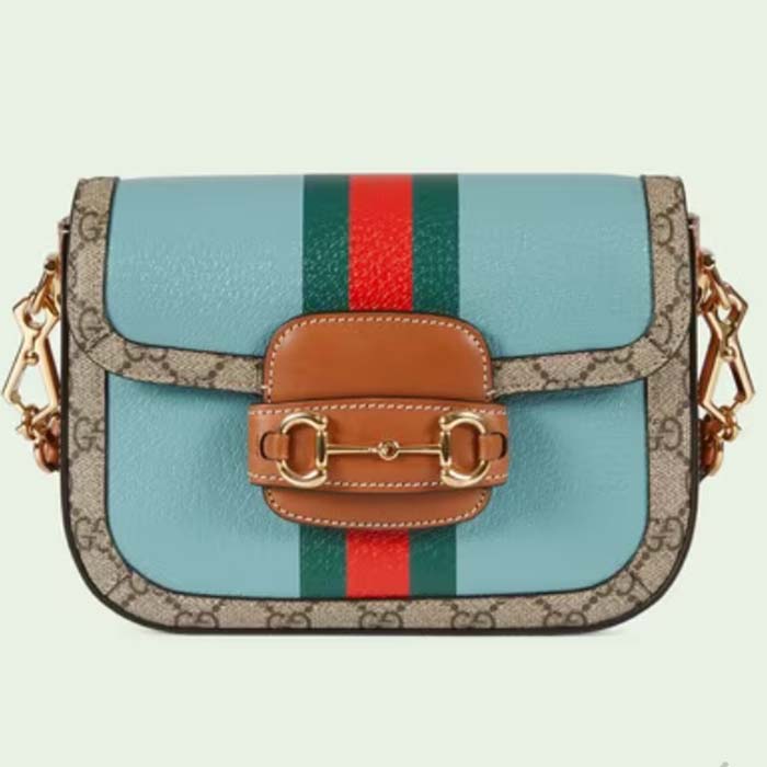 Gucci Women GG Horsebit 1955 Mini Bag Blue Leather Beige Ebony Supreme Canvas