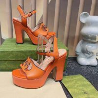 Gucci Women GG Interlocking G Sandal Orange Leather Wooden High 12 Cm Heel (7)