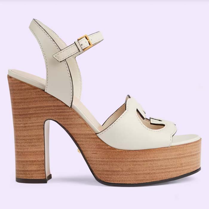 Gucci Women GG Interlocking G Sandal White Leather Wooden High 12 Cm Heel