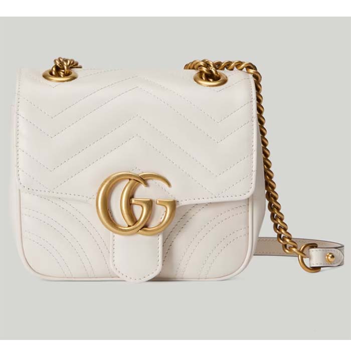 Gucci Women GG Marmont Matelassé Mini Shoulder Bag White Chevron Leather