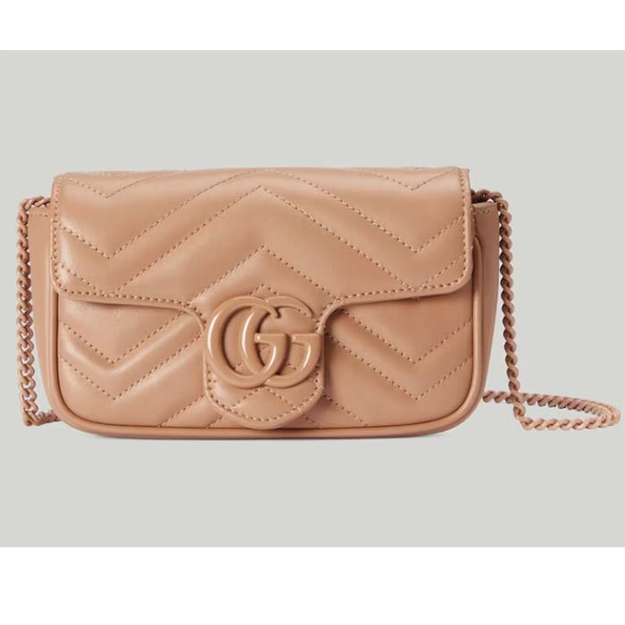 Gucci Women GG Marmont Matelassé Super Mini Bag Rose Beige Chevron Leather