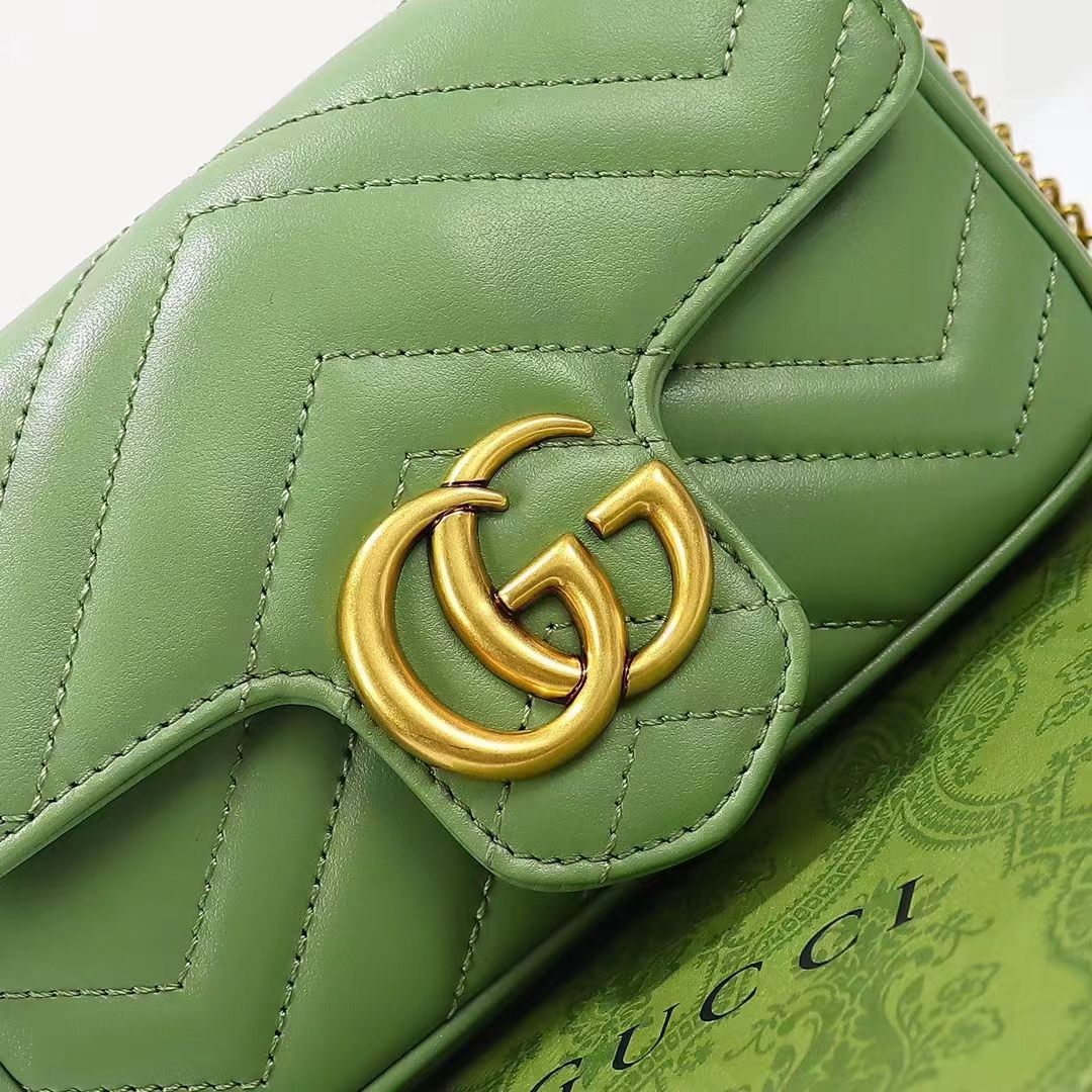 Gucci Women GG Marmont Matelassé Super Mini Bag Sage Green Chevron Leather (3)