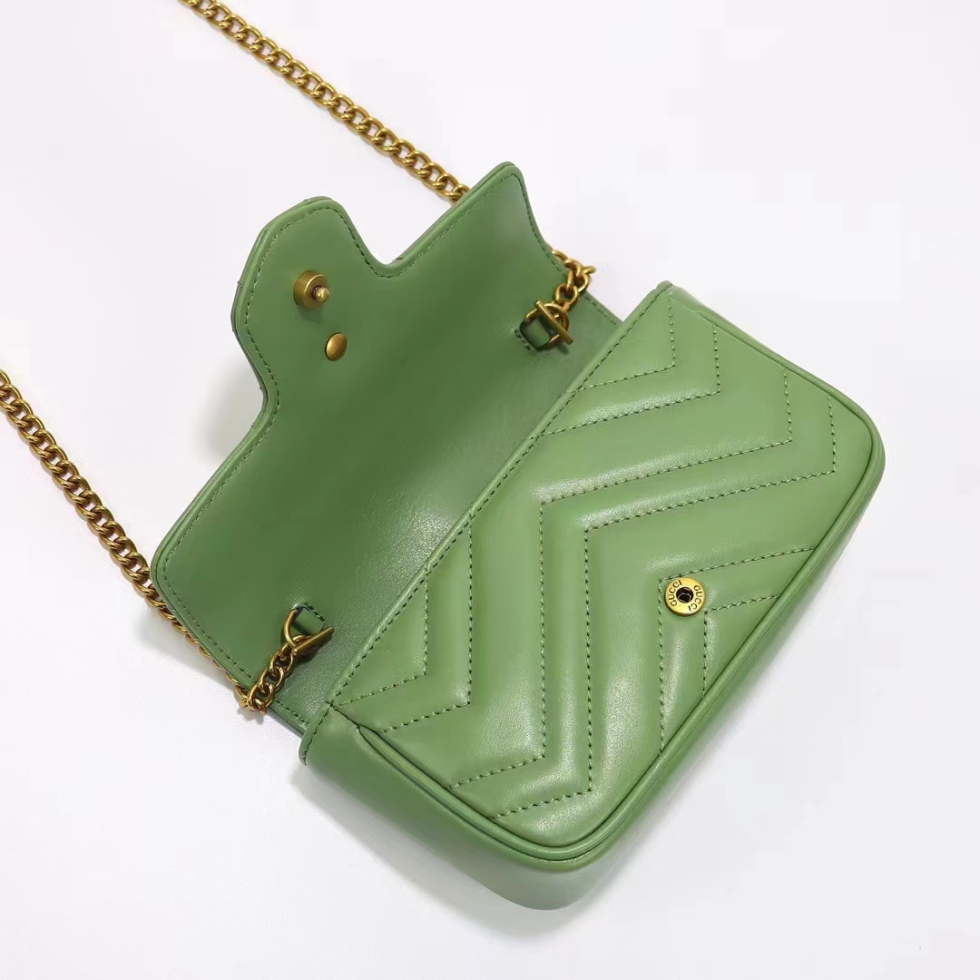 Gucci Women GG Marmont Matelassé Super Mini Bag Sage Green Chevron Leather (8)