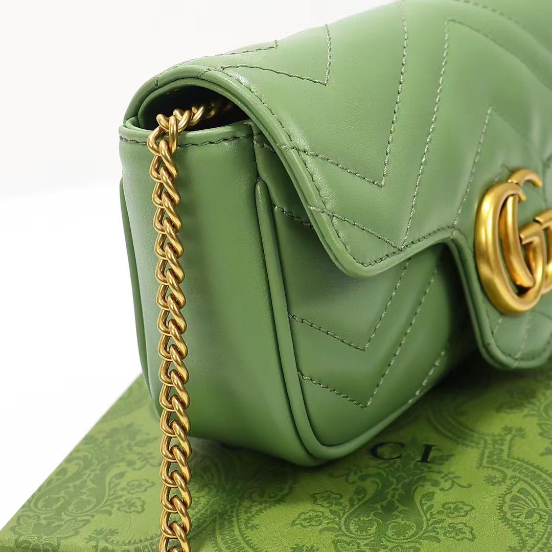 Gucci Women GG Marmont Matelassé Super Mini Bag Sage Green Chevron Leather (9)